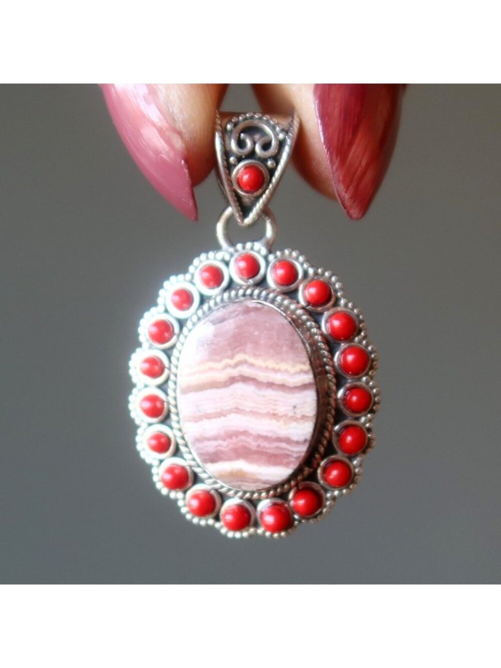 Rhodochrosite Pendant Red Gemstone Pink Oval Natural Crystal Sterling Silver